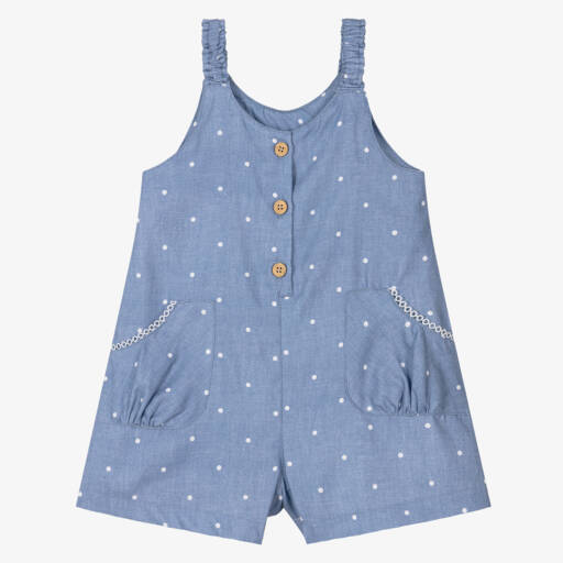 Mayoral-Girls Blue Cotton Polka Dot Playsuit | Childrensalon