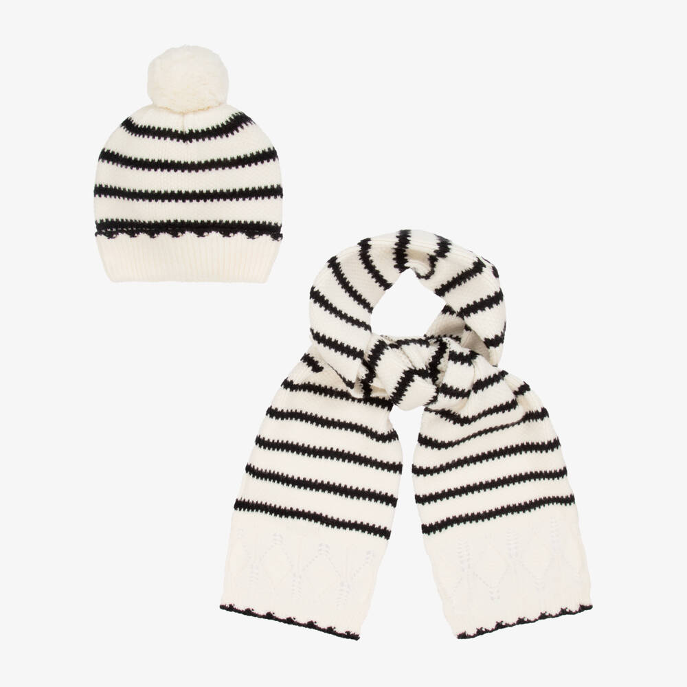 Mayoral-Girls Ivory & Black Stripe Knitted Hat & Scarf Set | Childrensalon
