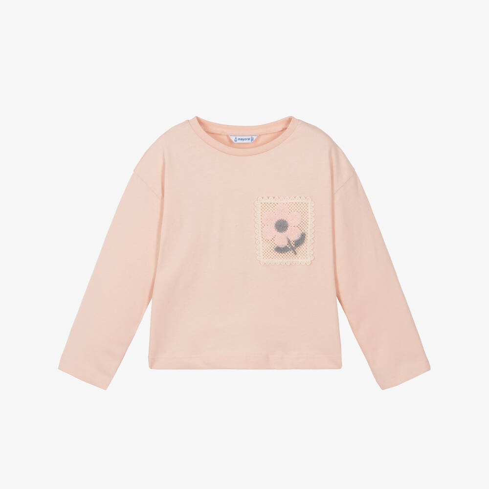 Mayoral-Girls Pink Cotton Jersey Top with Crochet Lace Pocket | Childrensalon