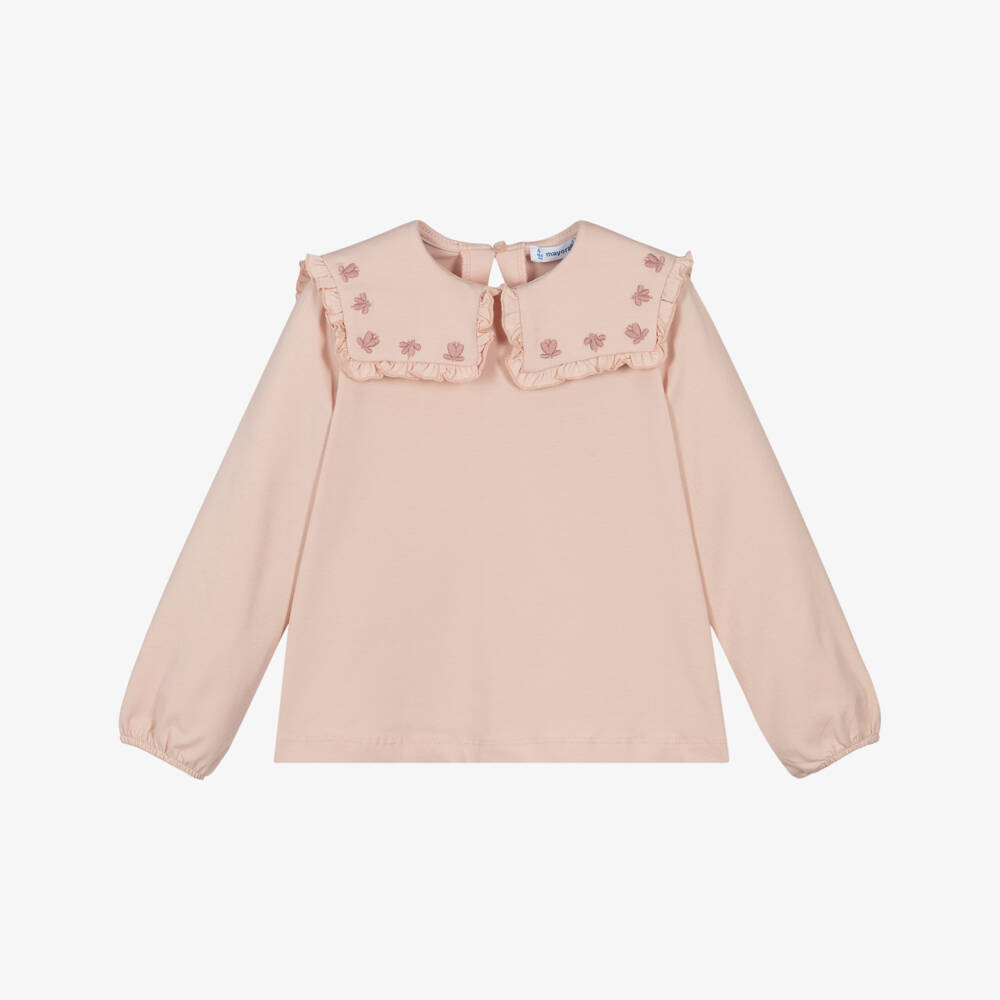 Mayoral-Girls Pink Jersey Blouse with Embroidered Collar | Childrensalon