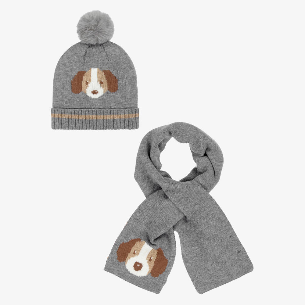 Mayoral-Grey Marl Knitted Hat & Scarf Dog Set  | Childrensalon