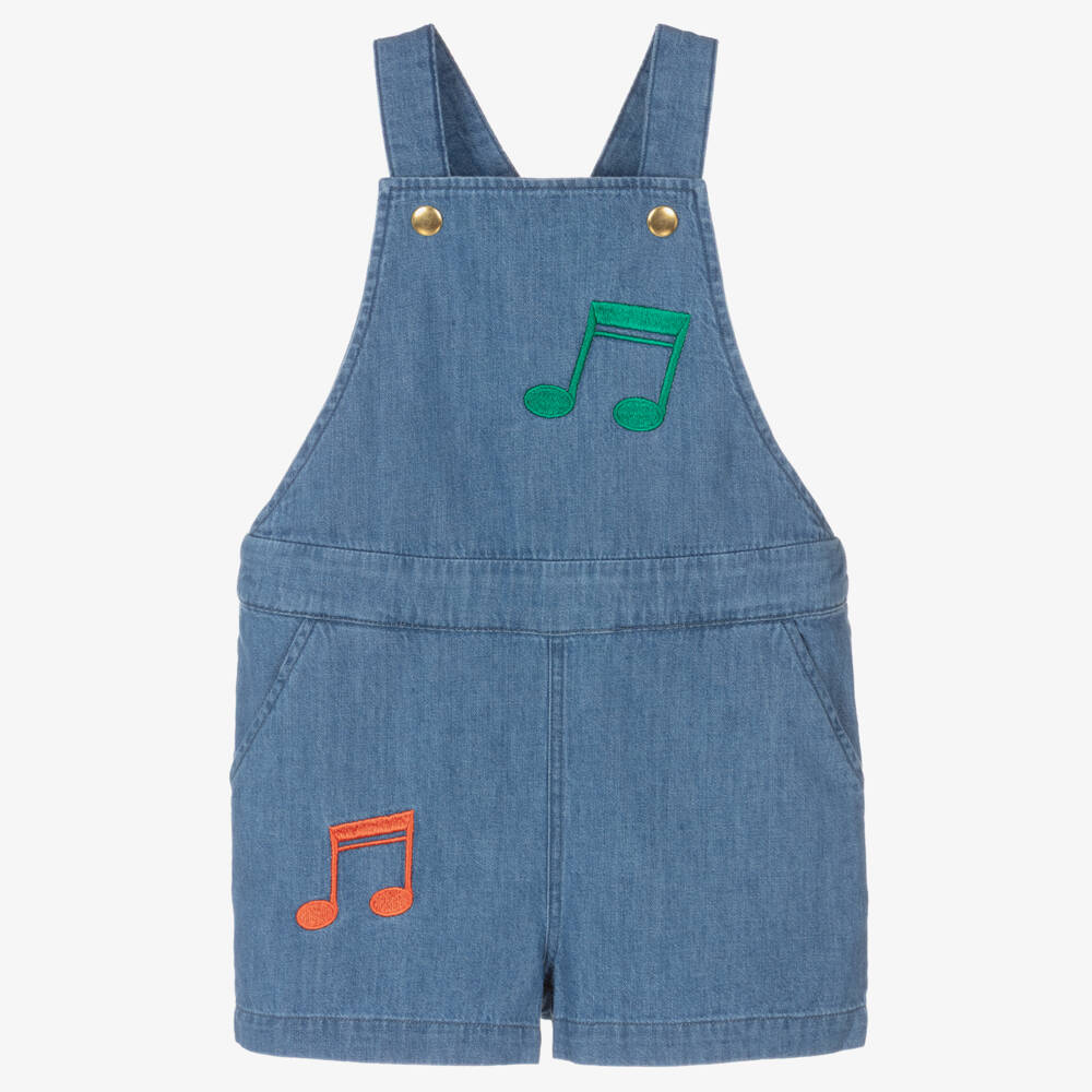 Mini Rodini-Girls Blue Chambray Music Note Dungarees | Childrensalon