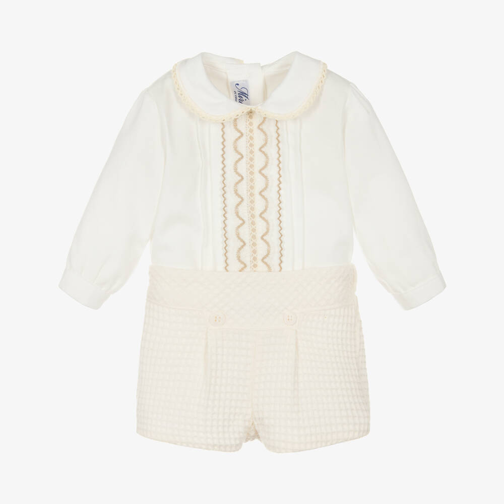 Miranda-Boys Ivory Waffle Cotton Shorts Set | Childrensalon