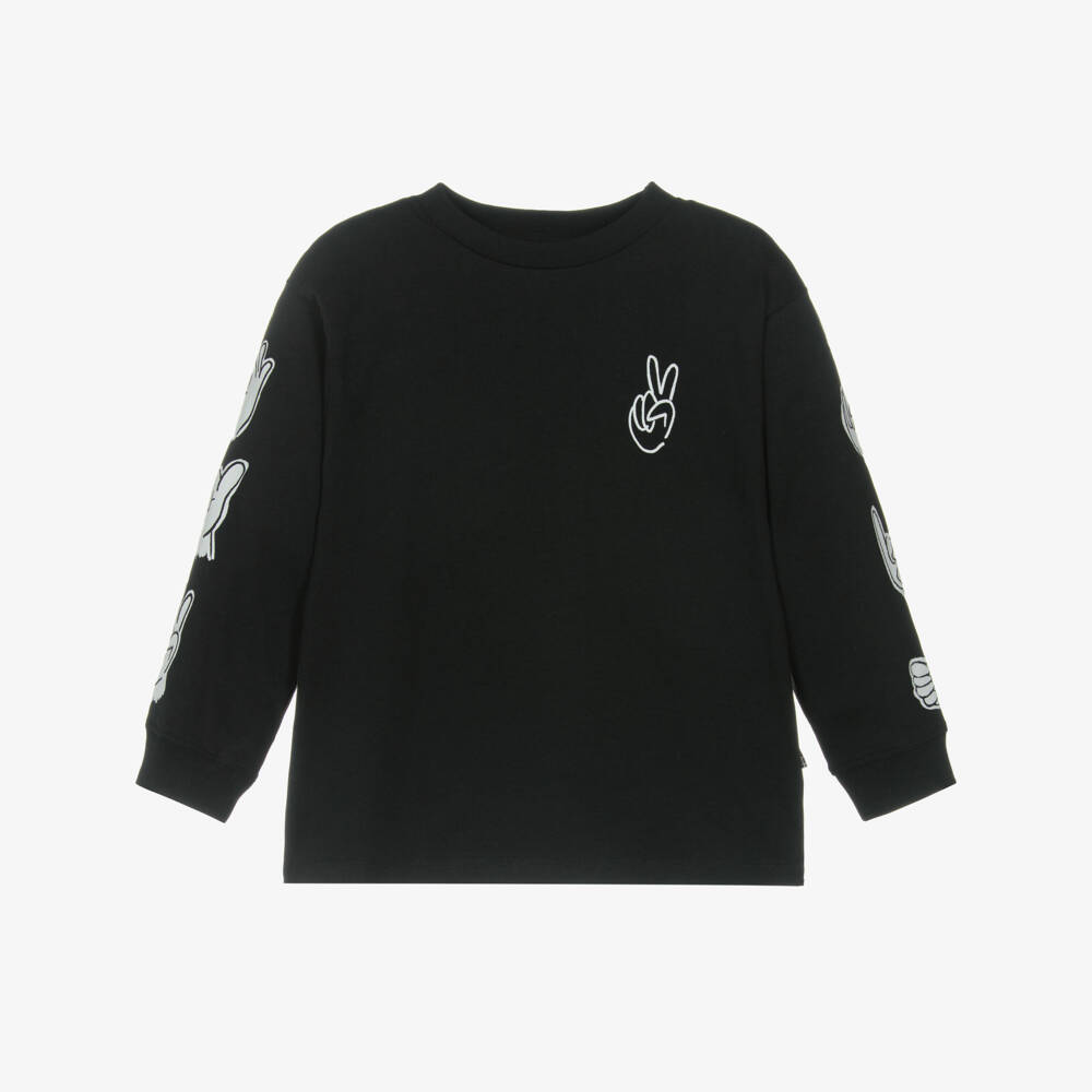 Molo-Boys Black Cotton Long-Sleeve Top with Hand Gestures | Childrensalon