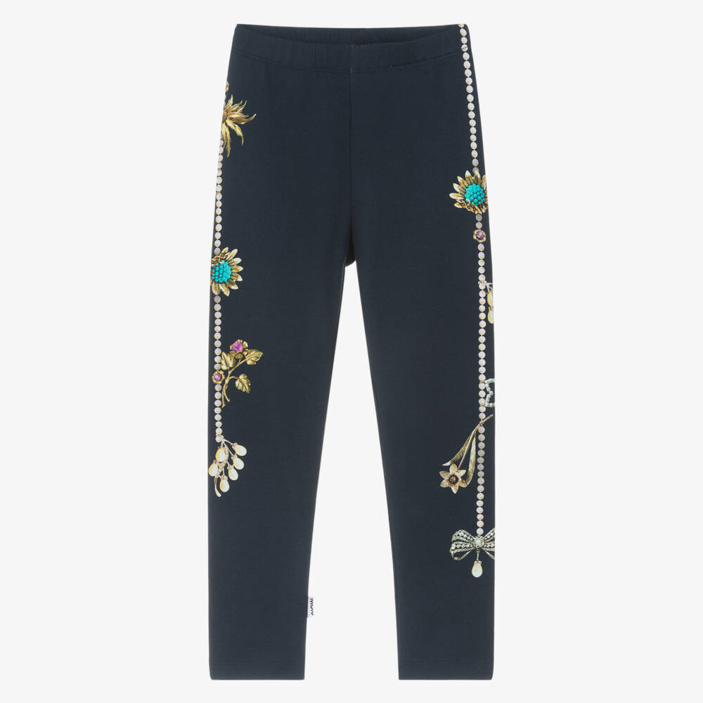Molo-Girls Blue Cotton Leggings with Jewellery Print | Childrensalon