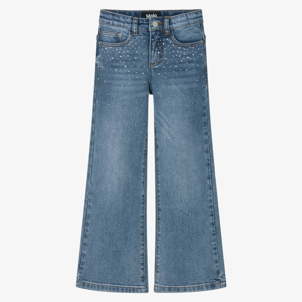 Molo-Girls Blue Flared Slim Fit Rhinestone Denim Jeans | Childrensalon