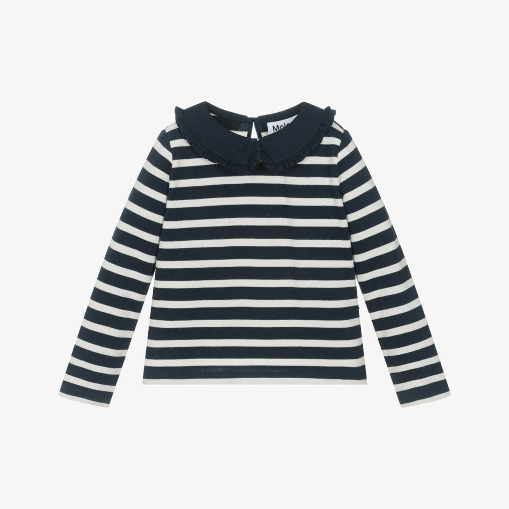 Molo-Girls Blue & Ivory Striped Organic Cotton Top | Childrensalon