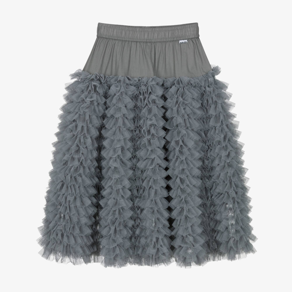 Molo-Girls Grey Tulle Ruffled Midi Skirt | Childrensalon