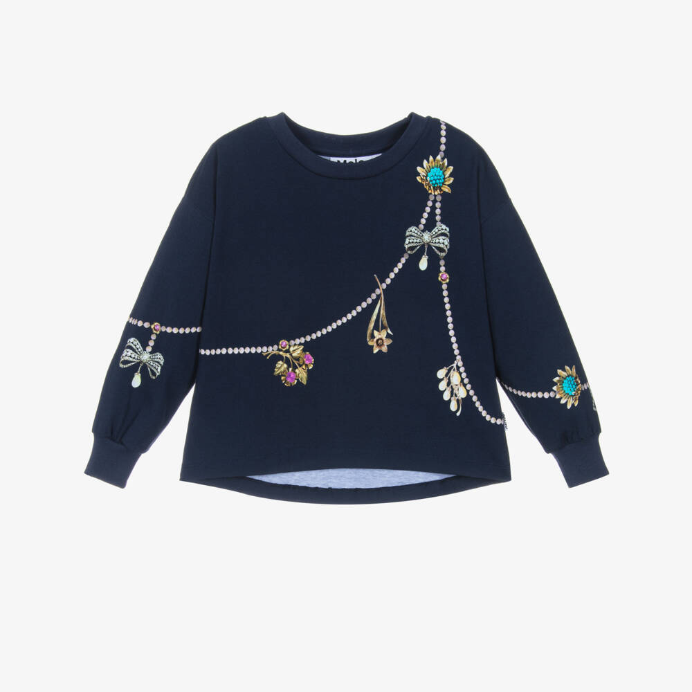 Molo-Girls Navy Blue Charmed Chain Long-Sleeve Top | Childrensalon