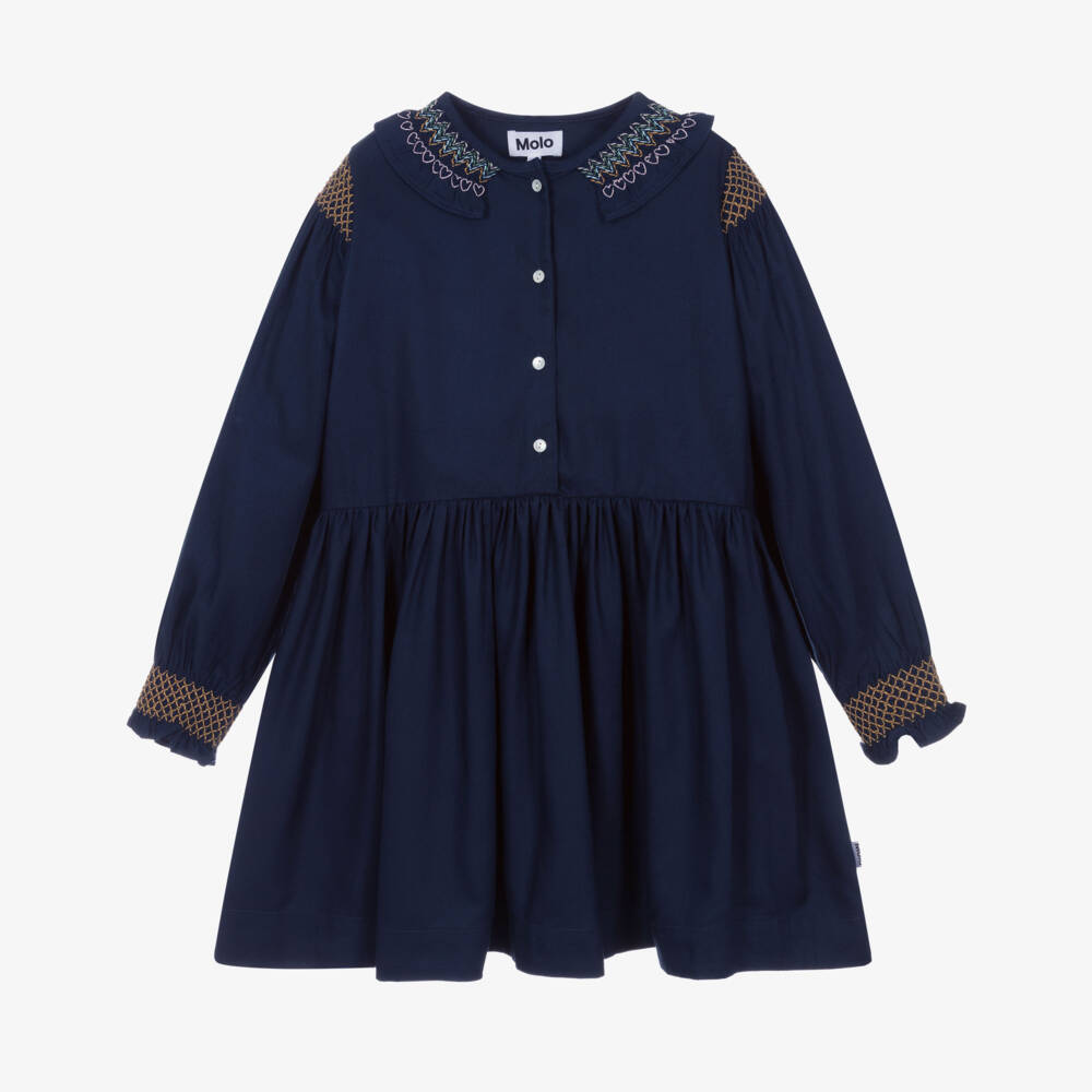 Molo-Girls Navy Blue Embroidered Twill Dress | Childrensalon