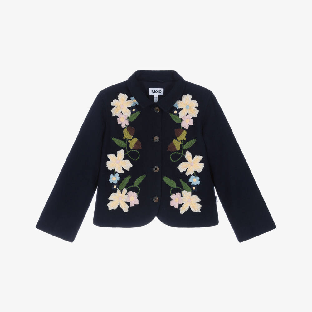 Molo-Girls Navy Blue Wool Embroidered Jacket | Childrensalon