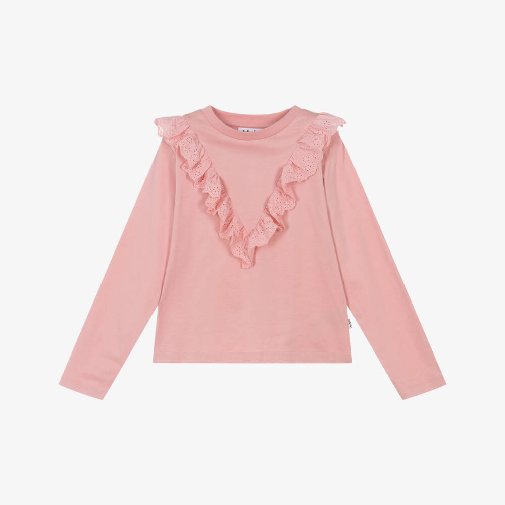 Molo-Girls Pink Organic Cotton Broderie Ruffle Trim Top | Childrensalon