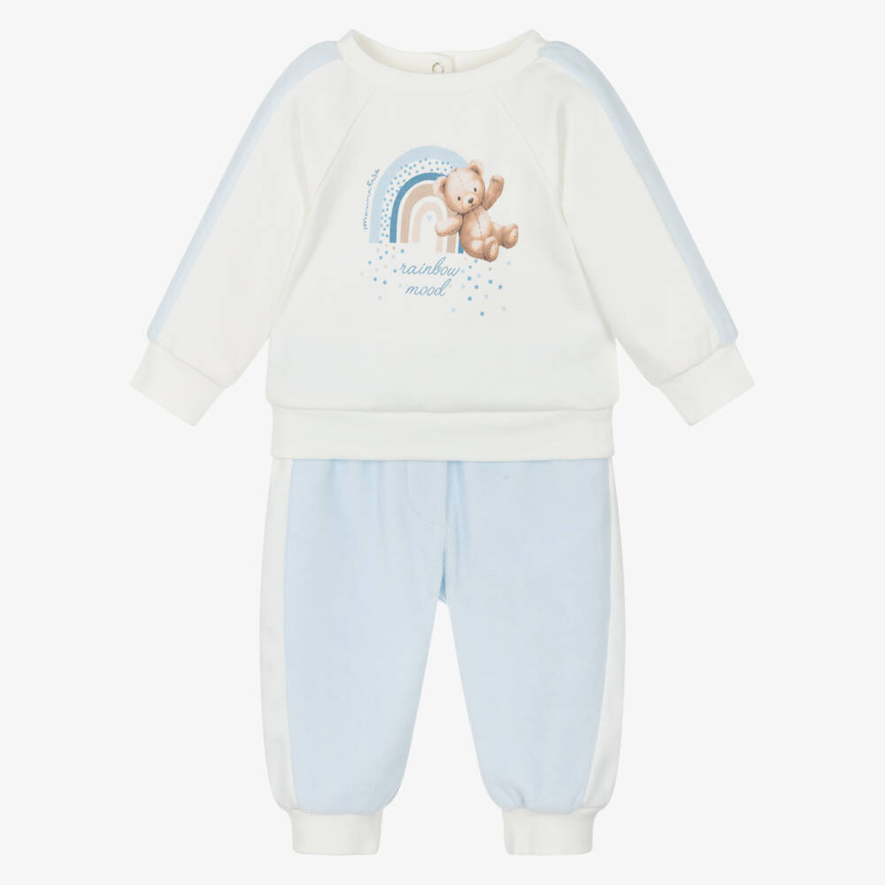 Monnalisa-Baby Boys Ivory & Blue Velour Teddy Bear Tracksuit | Childrensalon