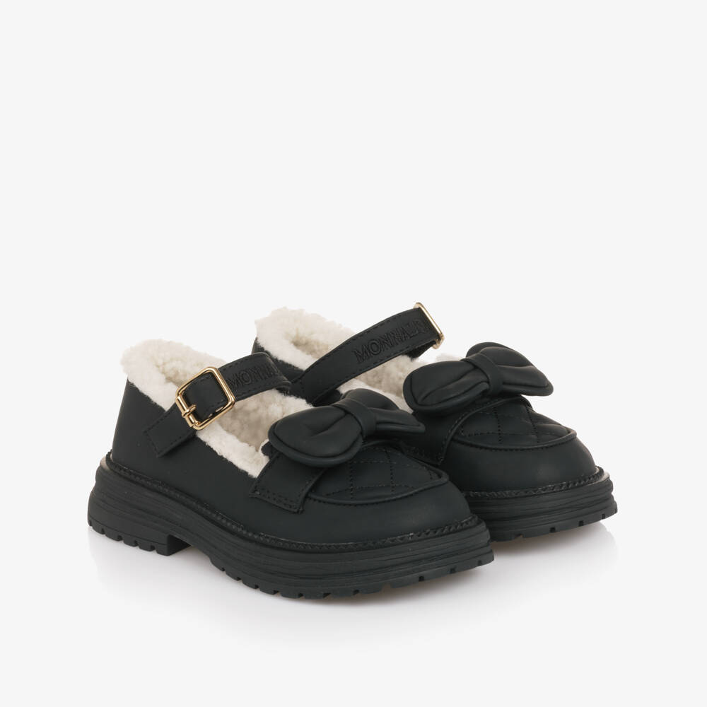 Monnalisa-Girls Black Bar Shoes with Sherpa Fleece Lining | Childrensalon