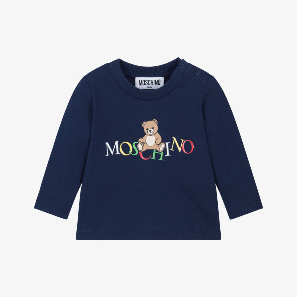 Moschino-Blue Cotton Teddy Bear Top with Colourful Logo | Childrensalon