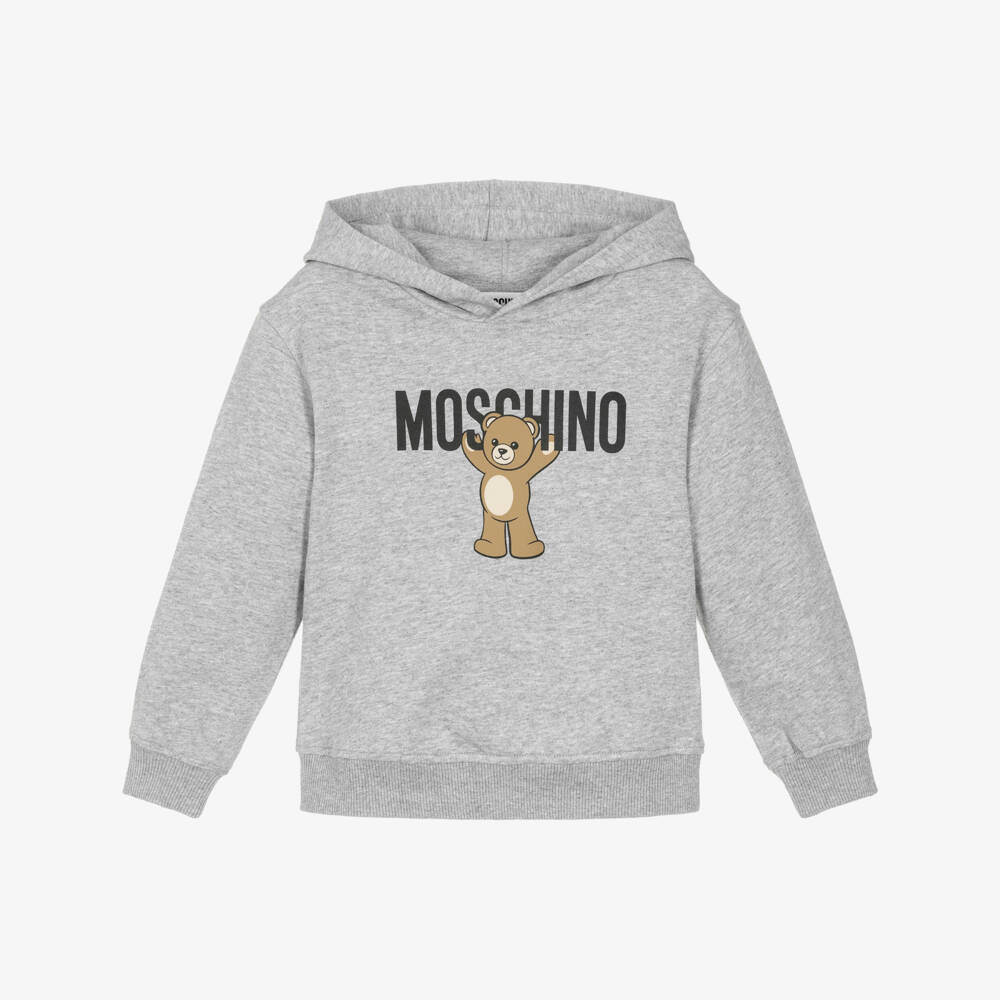 Moschino-Grey Marl Cotton Teddy Bear Logo Hoodie | Childrensalon
