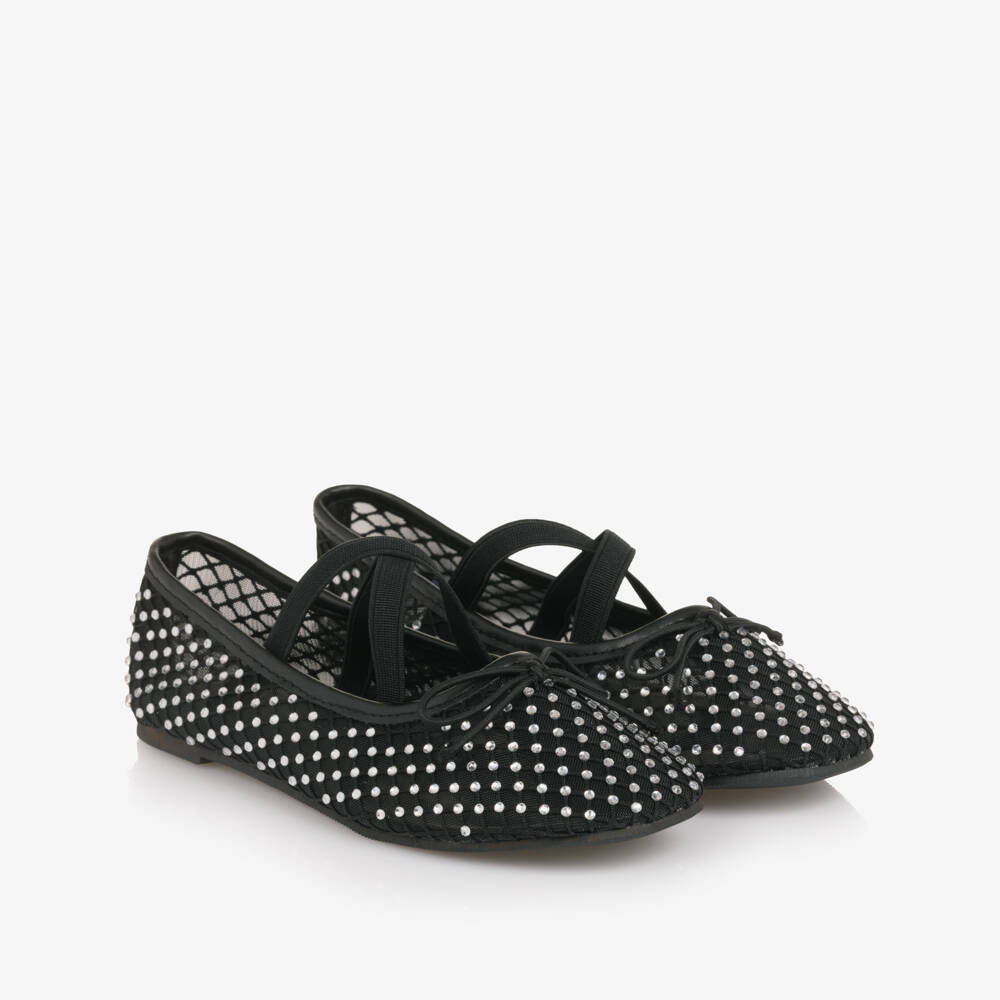 NAME IT-Girls Black Mesh Diamanté Ballerina Pumps | Childrensalon