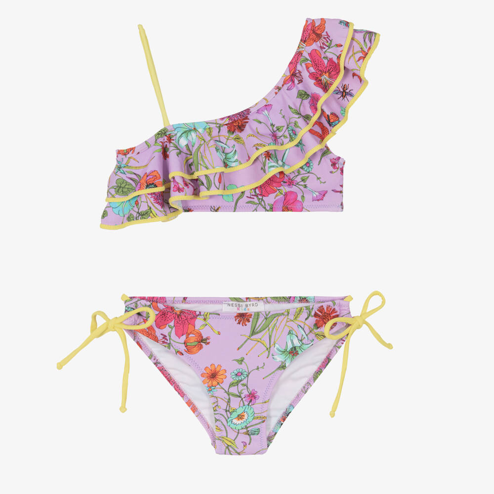 Nessi Byrd-Girls Purple Floral Ruffle Bikini (UV50) | Childrensalon