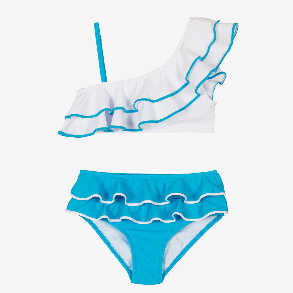 Nessi Byrd-Girls White & Blue Ruffles Bikini (UV50) | Childrensalon