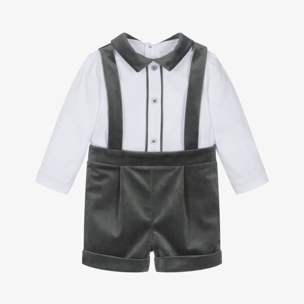 Patachou-Baby Boys White Cotton & Grey Velvet Shortie | Childrensalon