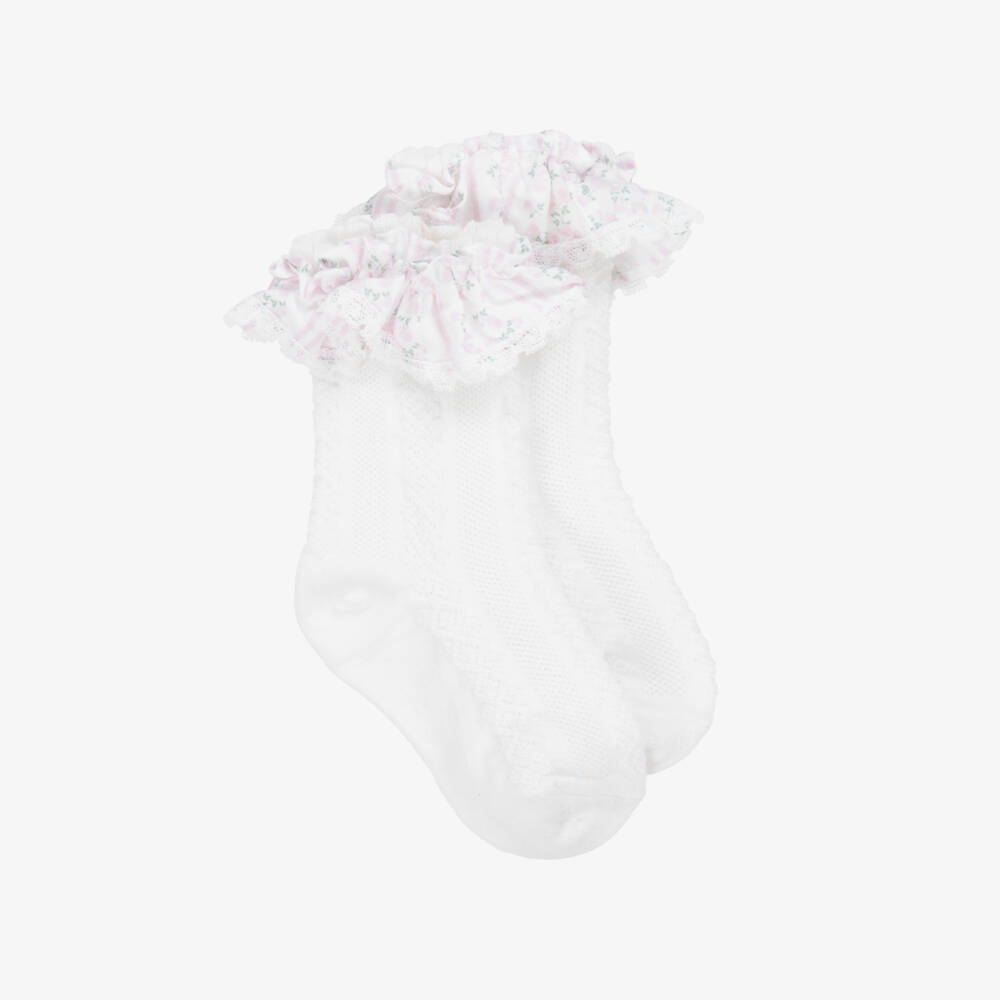 Patachou-Baby Girls White Floral Stripes Frill Socks | Childrensalon