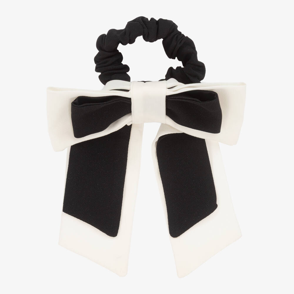 Patachou-Girls Black & Ivory Crêpe Bow Hair Elastic (15cm) | Childrensalon