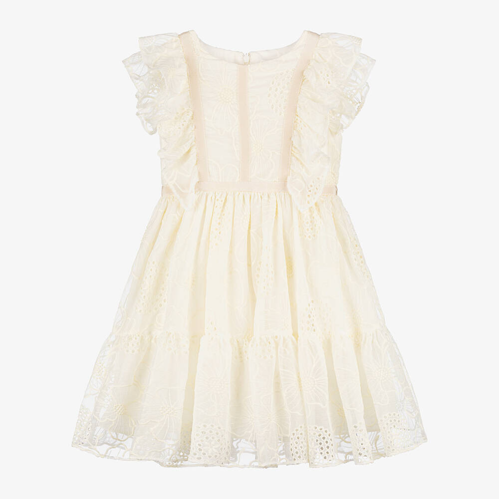 Patachou-Girls Ivory Embroidered Chiffon Dress | Childrensalon