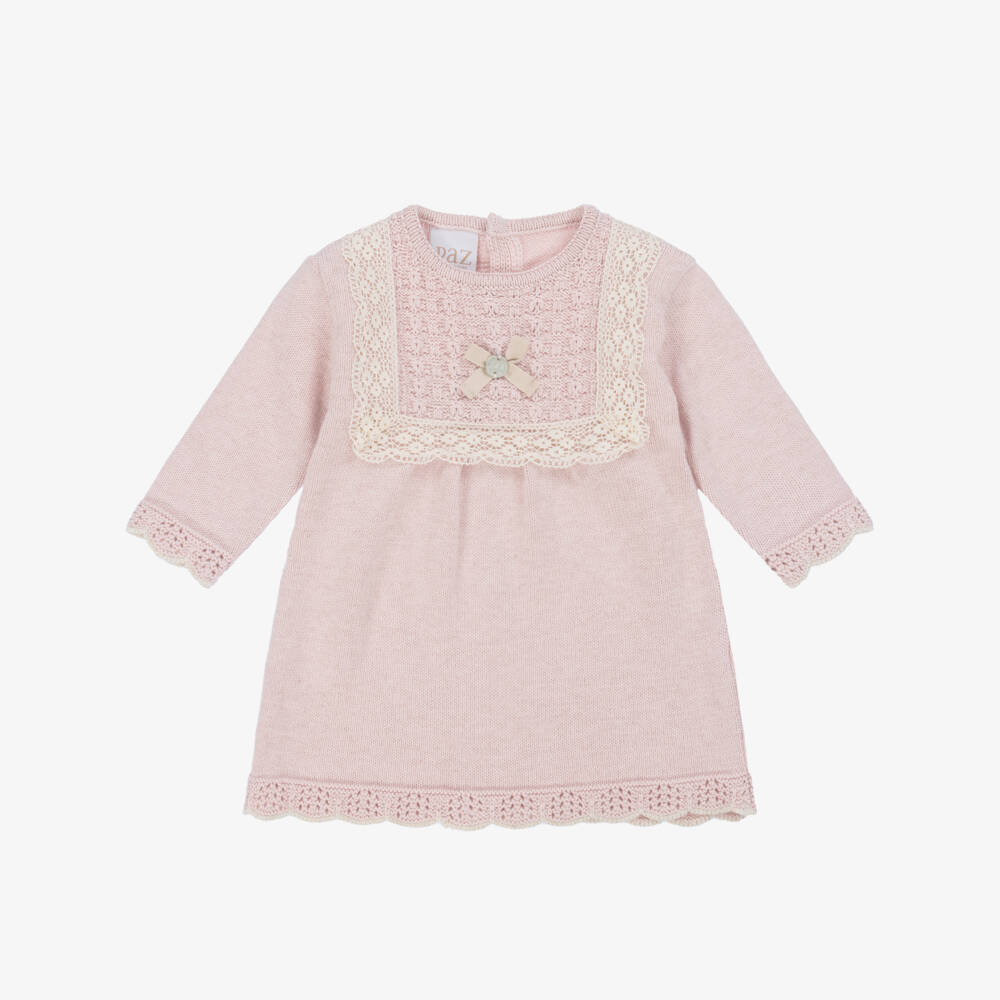 PAZ Rodríguez-Baby Girls Pink Cotton & Cashmere Knit Dress with Lace Trim | Childrensalon