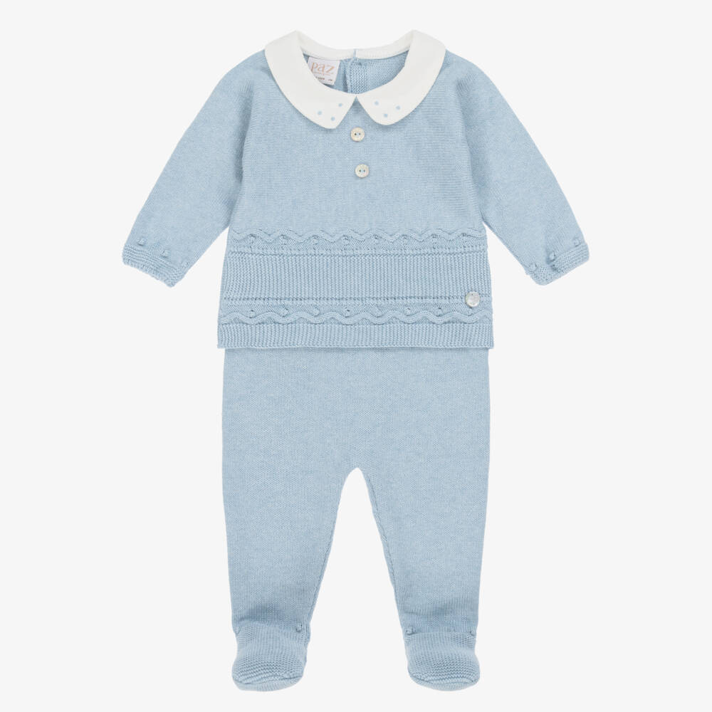 PAZ Rodríguez-Boys Blue Cotton & Cashmere Knit 2 Piece Babygrow | Childrensalon