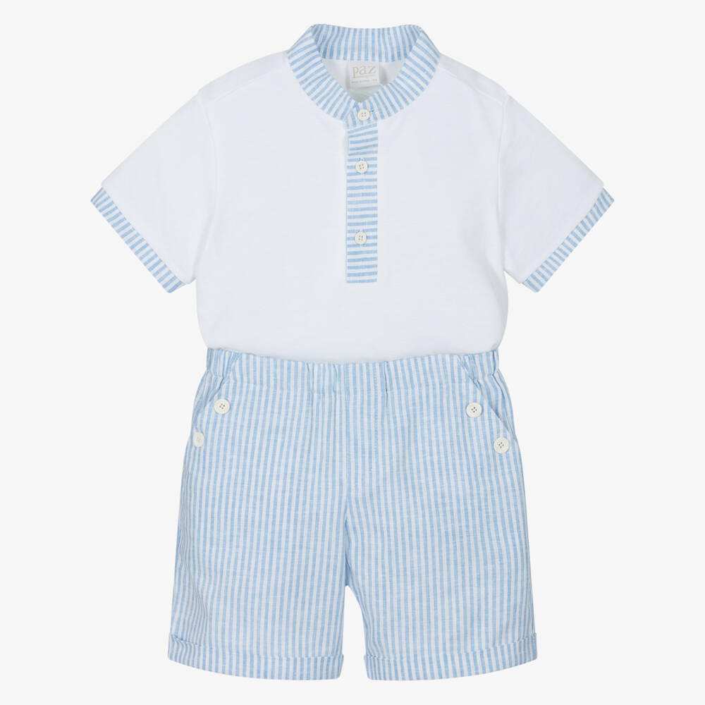 PAZ Rodríguez-Boys White & Blue Cotton Shorts Set | Childrensalon