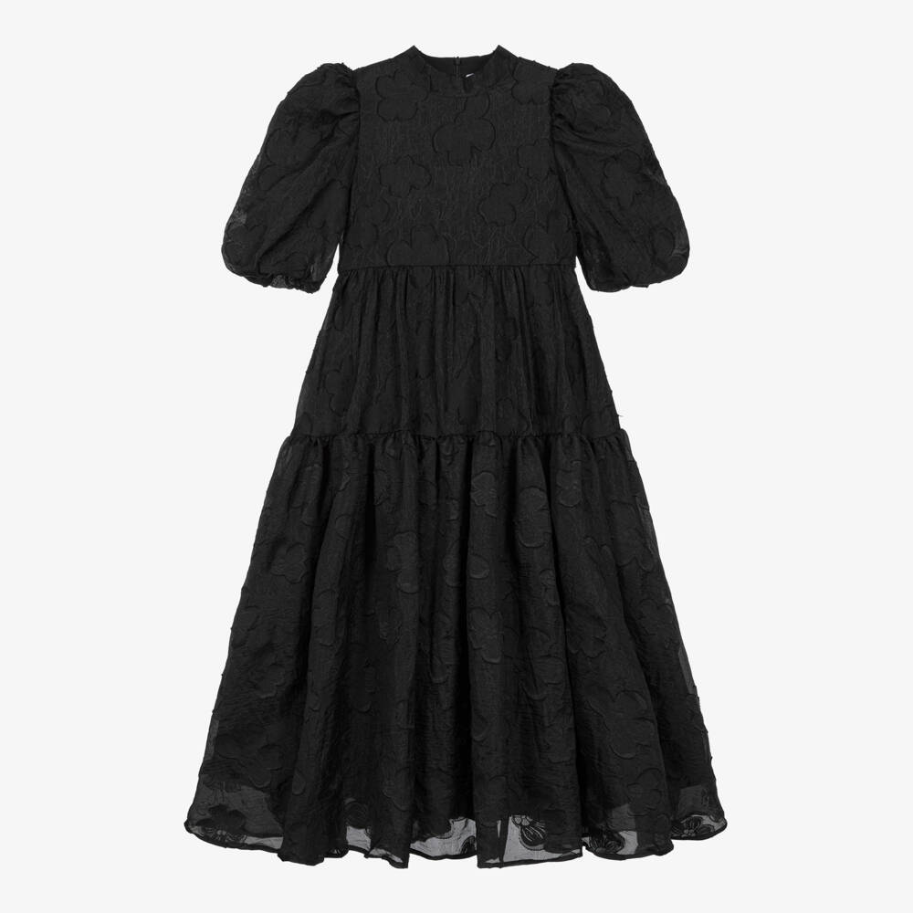 Petite Amalie-Girls Black Organza Floral Jacquard Dress | Childrensalon