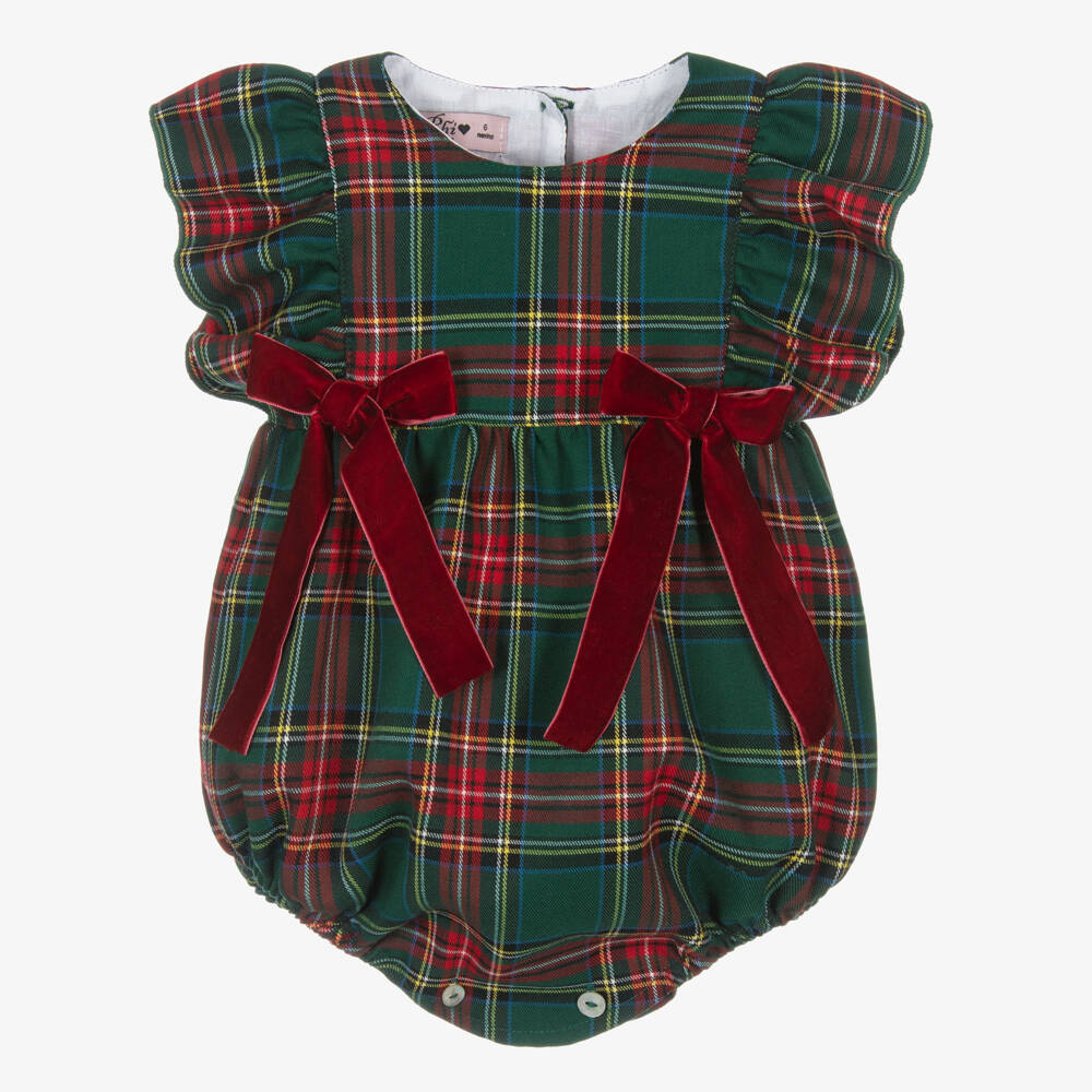 Phi Clothing-Girls Green & Red Tartan Shortie with Red Velvet Bows | Childrensalon
