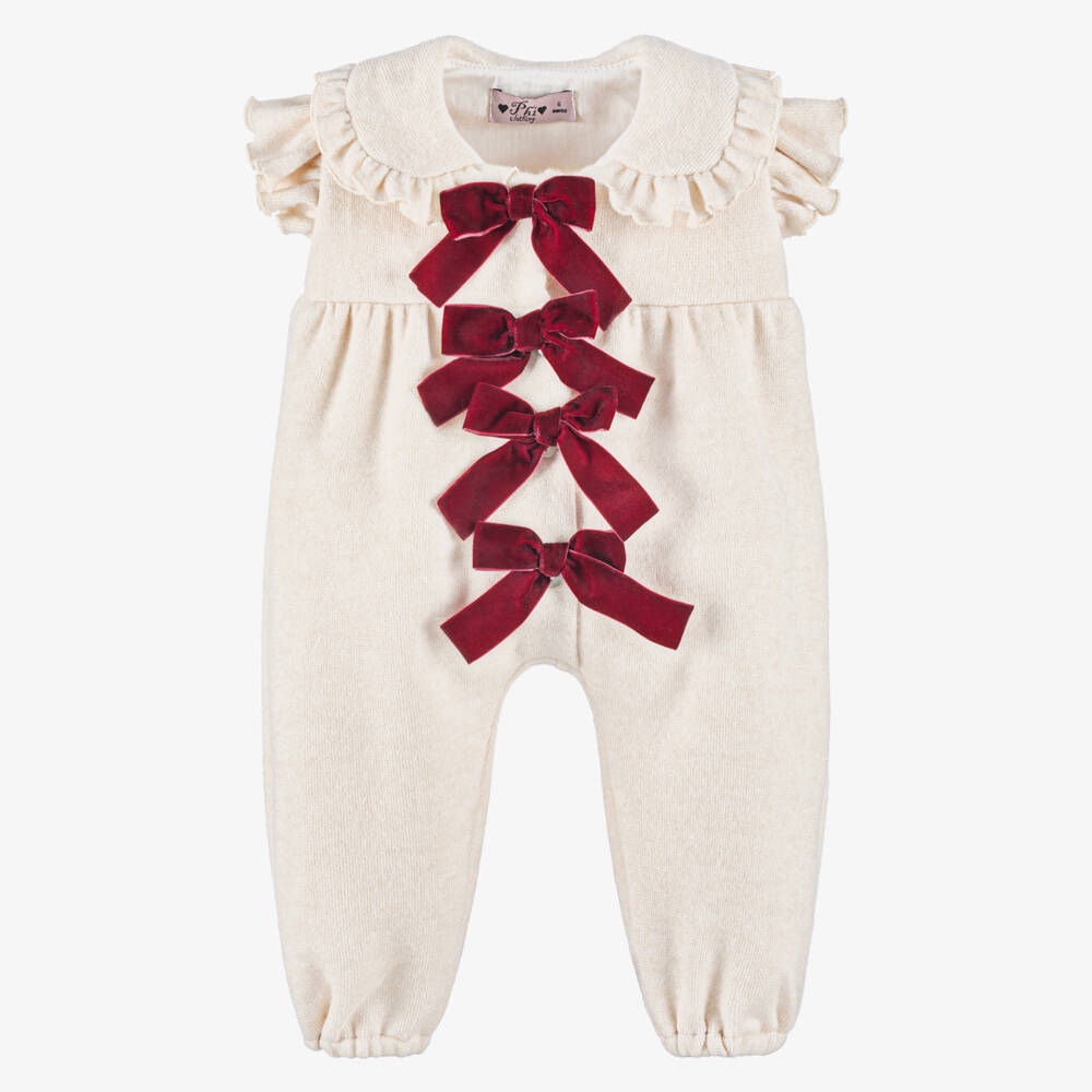 Phi Clothing-Girls Ivory Knitted Jumpsuit with Red Velvet Bows | Childrensalon