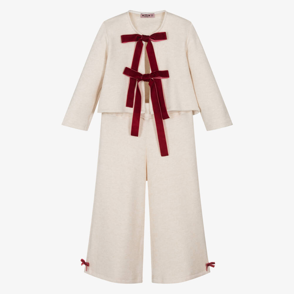 Phi Clothing-Girls Ivory Knitted Trouser Set with Ribbon Ties | Childrensalon