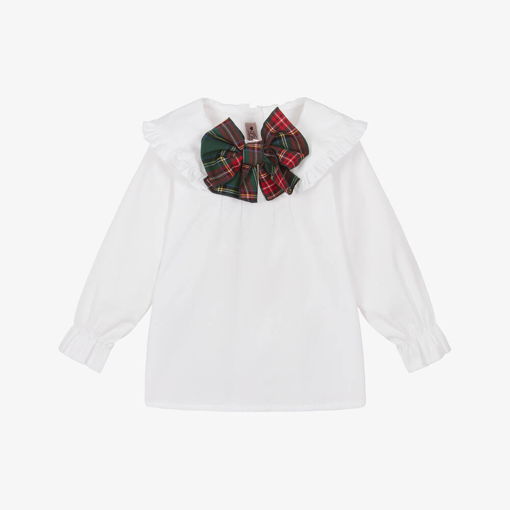 Phi Clothing-Girls White Cotton Blouse with Green Tartan Bow | Childrensalon