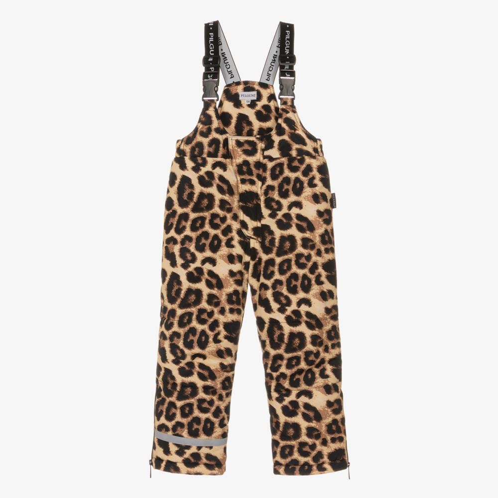 Pilguni-Beige Leopard Print Ski Salopettes with Logo Shoulder Straps | Childrensalon
