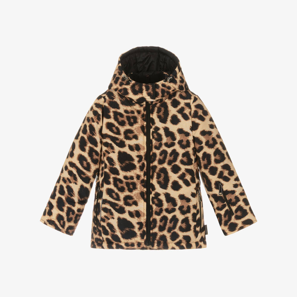 Pilguni-Girls Beige Leopard Print Ski Jacket with Detachable Hood | Childrensalon