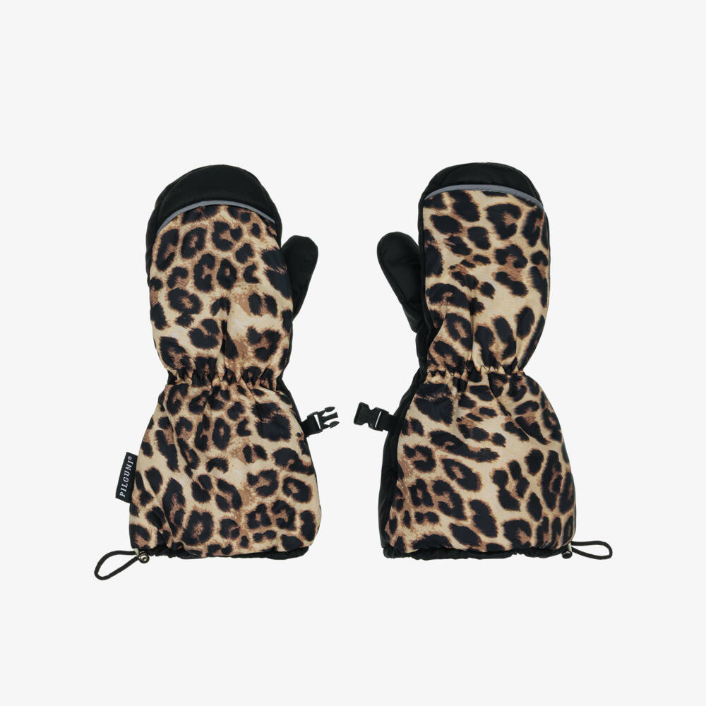 Pilguni-Girls Black & Beige Leopard Print Ski Mittens | Childrensalon