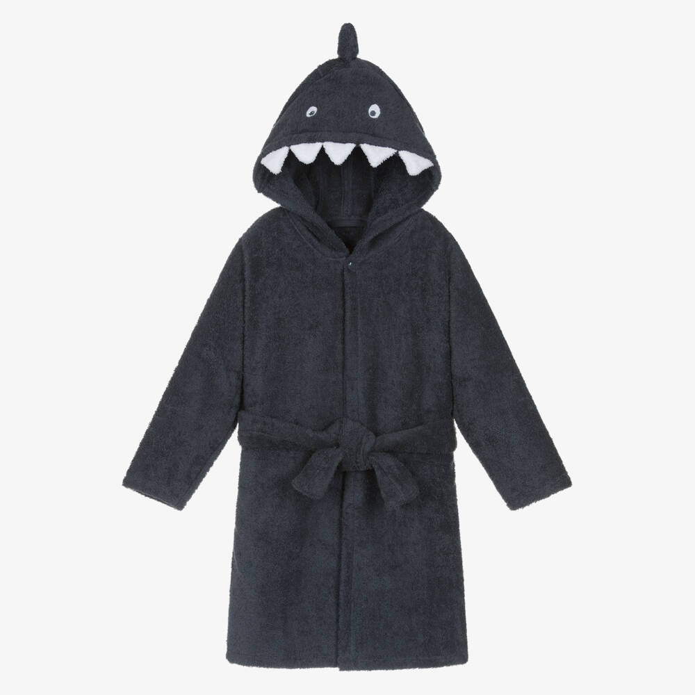 Pippi-Dark Blue Cotton Towelling Shark Bathrobe | Childrensalon