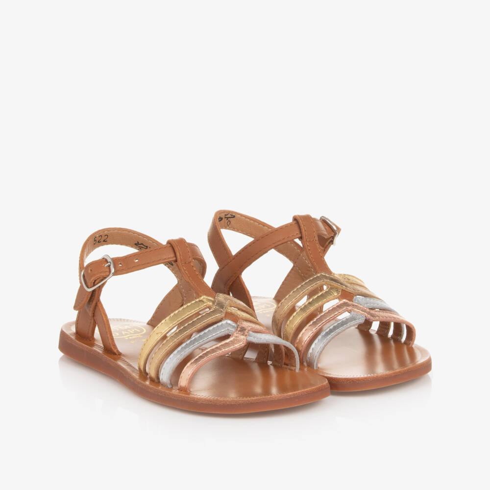 Pom d'Api-Girls Brown & Metallic Leather Sandals | Childrensalon