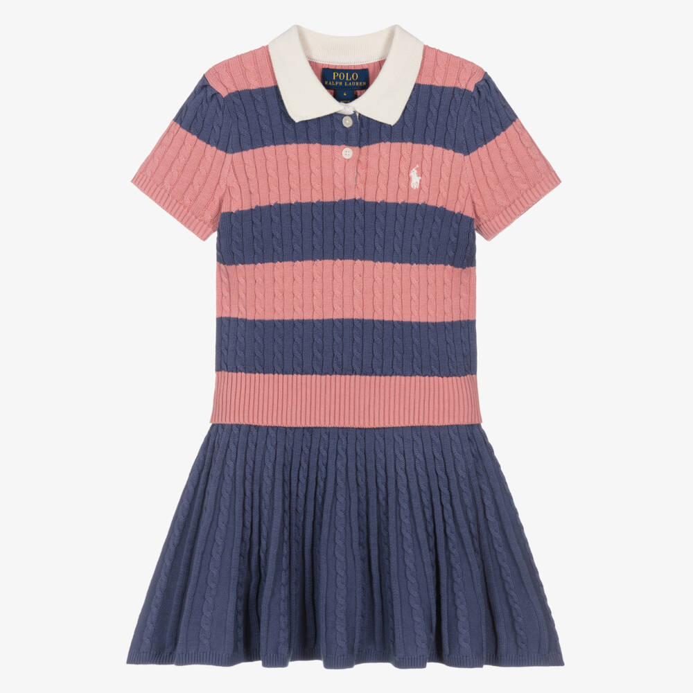 Ralph Lauren-Girls Blue & Pink Striped Cotton Knit Skirt Set | Childrensalon