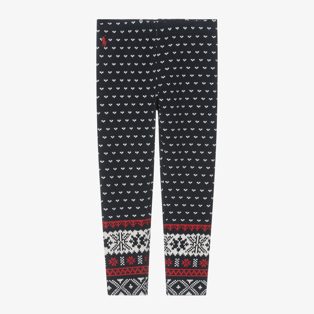 Ralph Lauren-Girls Navy Blue Fair Isle Print Leggings | Childrensalon