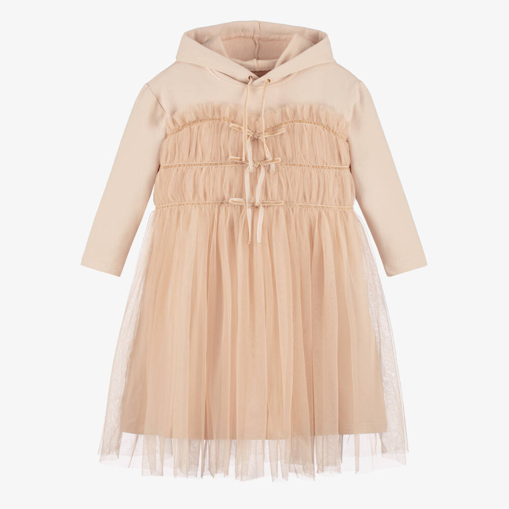 RaspberryPlum-Girls Beige Cotton Jersey & Tulle Hooded Dress | Childrensalon