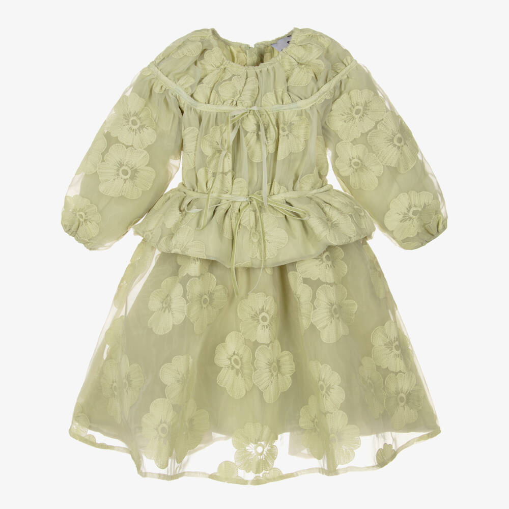 RaspberryPlum-Girls Green Organza Dress with Floral Embroidery | Childrensalon