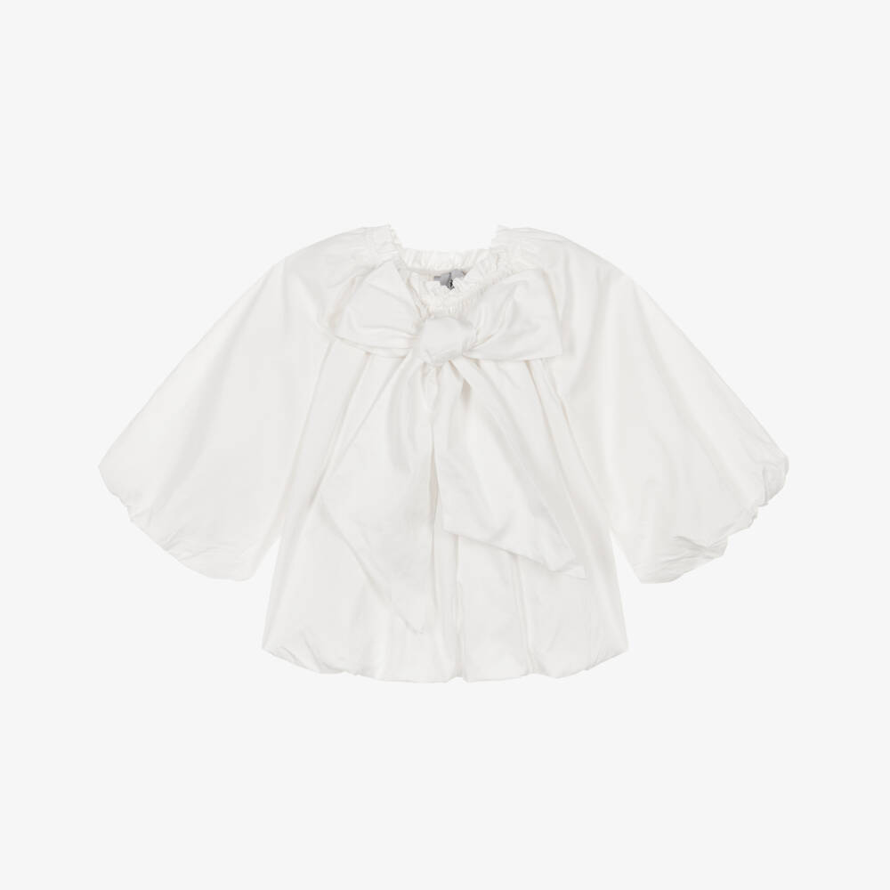RaspberryPlum-Girls Ivory Cotton Puffball Blouse with Bow Detail | Childrensalon