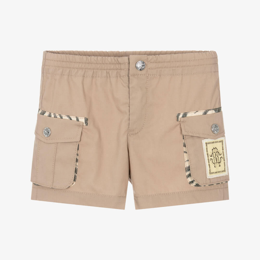 Roberto Cavalli-Boys Beige Cotton Shorts With Tiger Print Pockets | Childrensalon