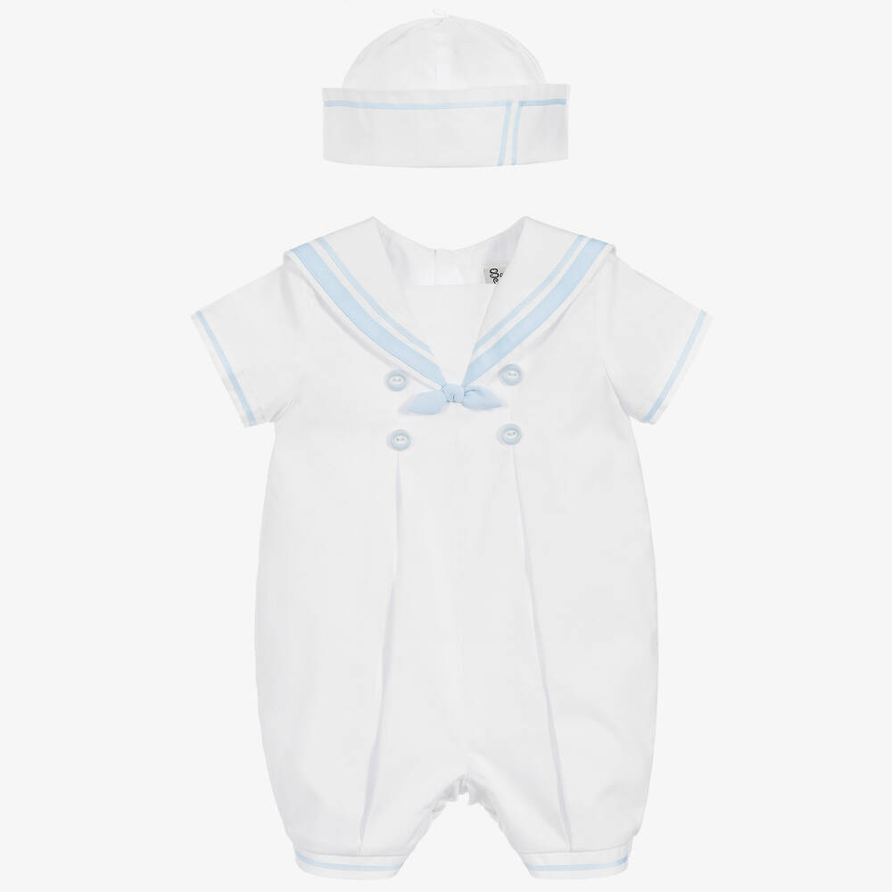 Sarah Louise-Boys White Cotton Sailor Style Babysuit Set | Childrensalon