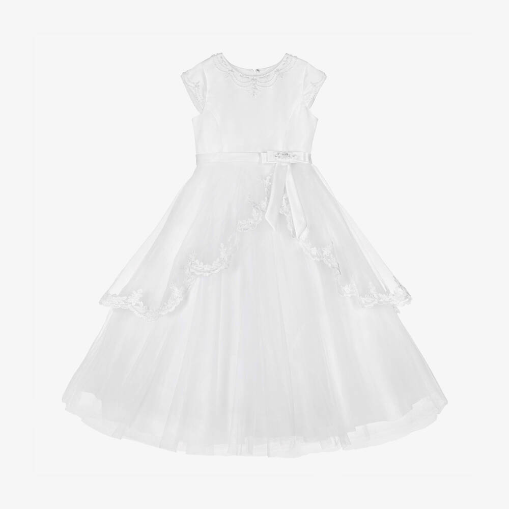 Sarah Louise-Girls White Tulle Communion Dress | Childrensalon
