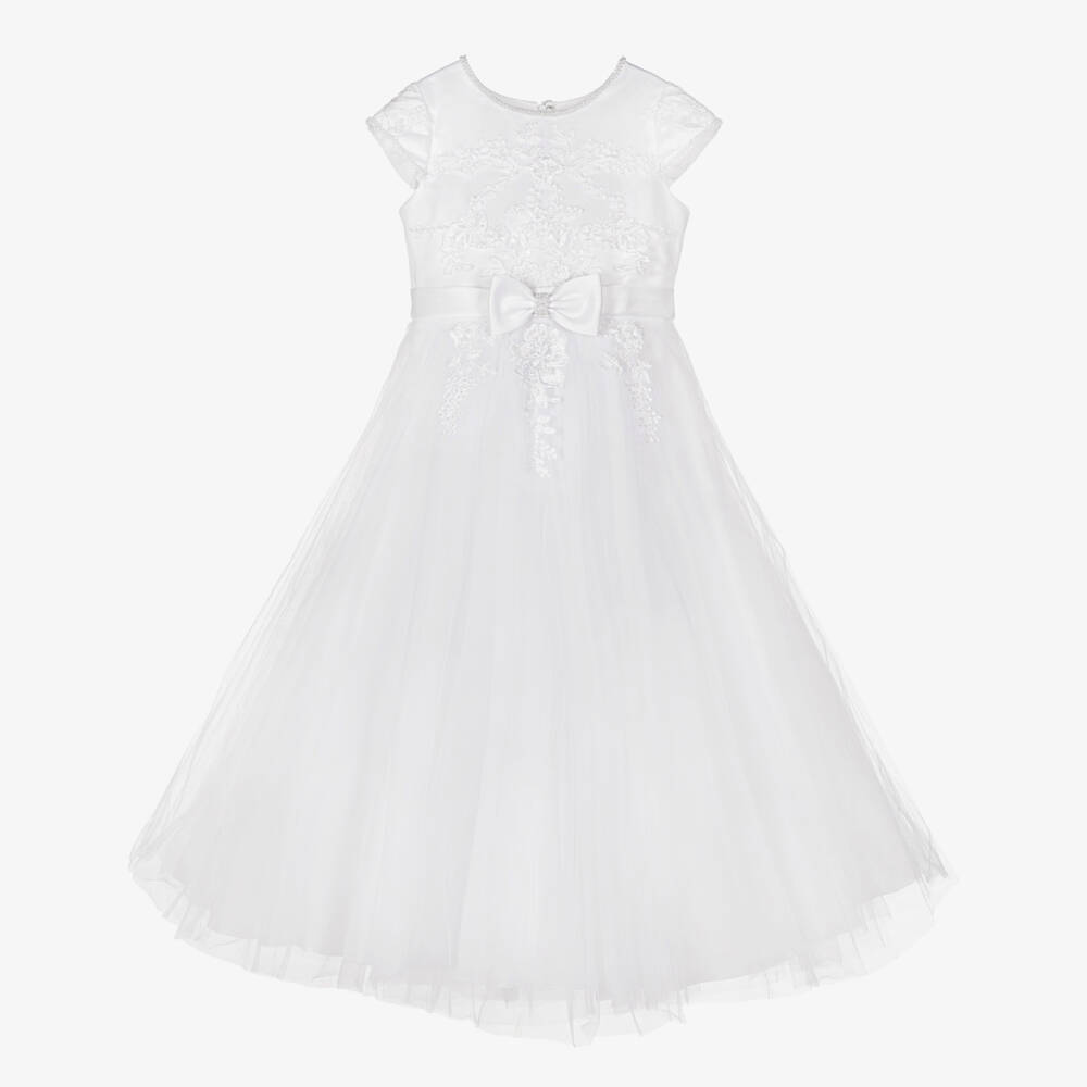 Sarah Louise-Girls White Tulle Embroidered Communion Dress | Childrensalon