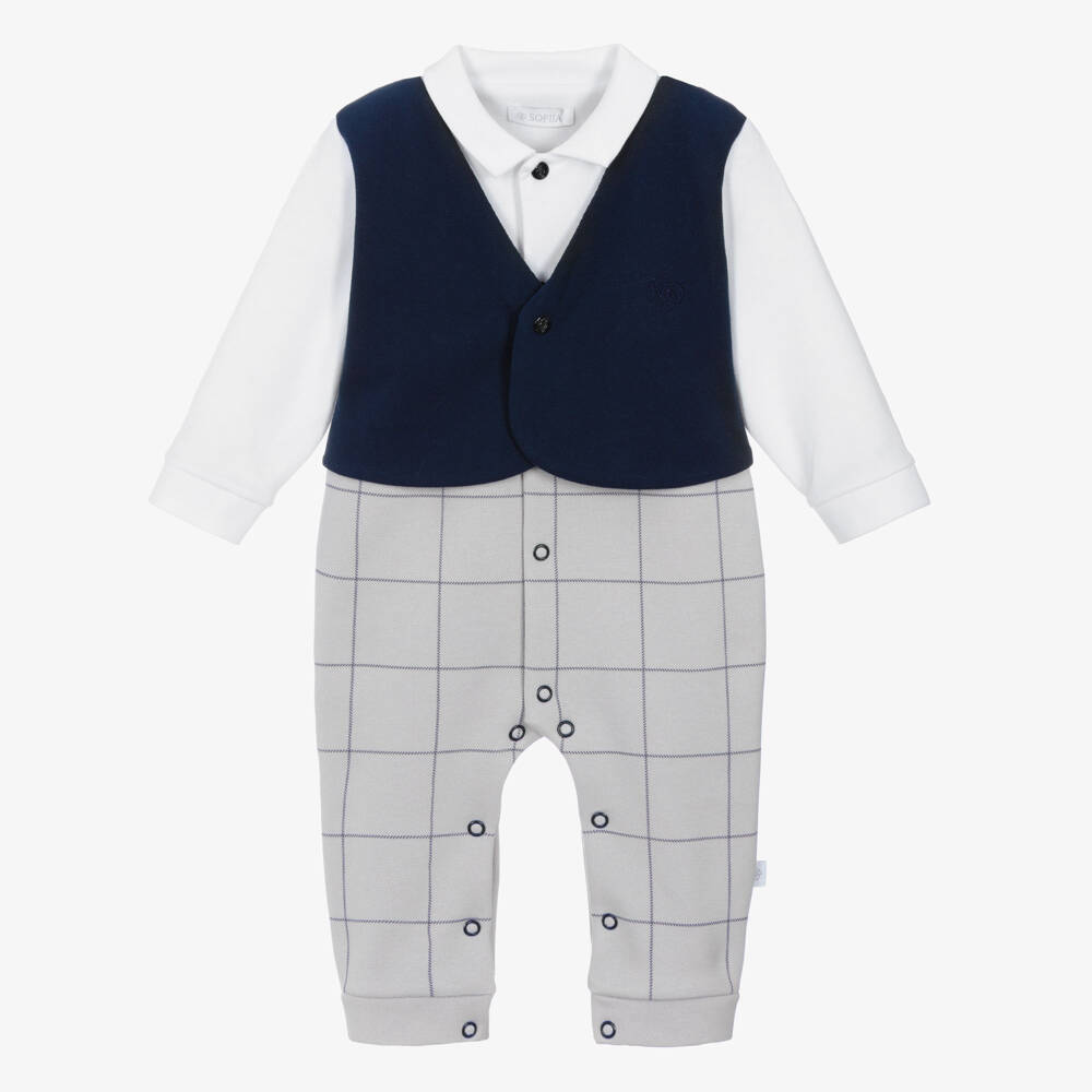 Sofija-Baby Boys Grey, Navy Blue & White Cotton Romper | Childrensalon